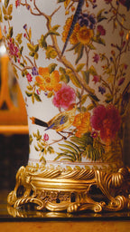FH&HOME Spring Porcelain Lamp - Chinoiserie Avian with Gold Accents