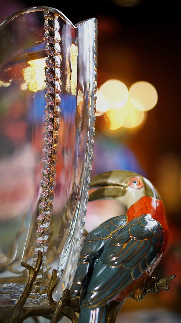 FH&HOME Prague Collection Toucan Crystal Glass Fruit Bowl & Vase - Brass Branch Supports