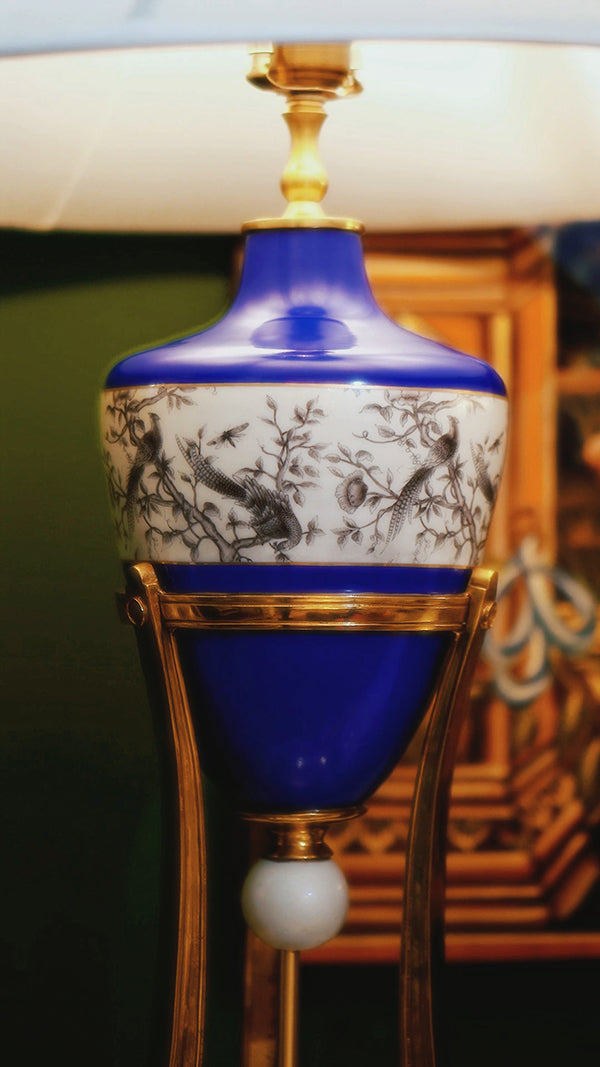 FH&HOME Chinoiserie Blue Porcelain Lamp - Ink Wash Bird Motif