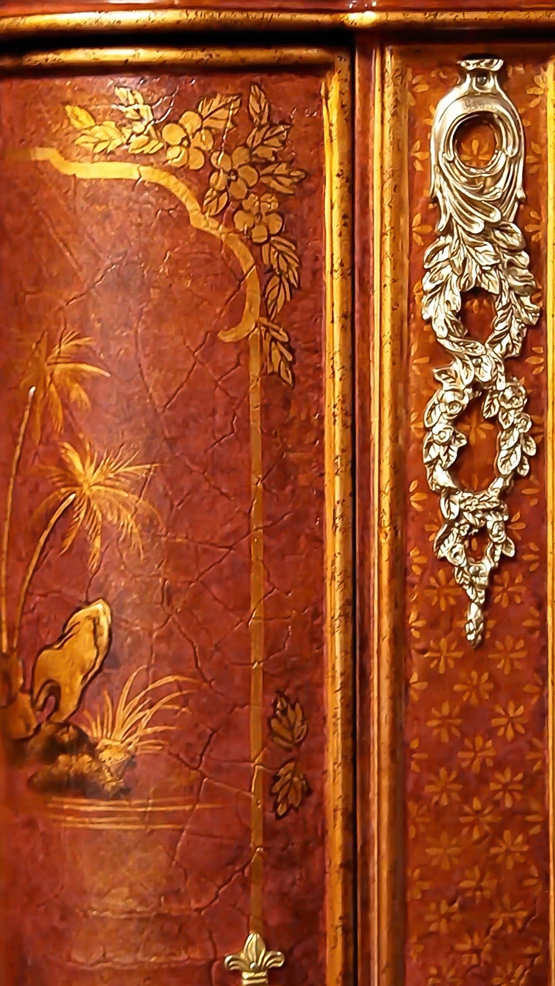FH&HOME Coral Red Landscape Cabinet - Crackle Finish Hand-Painted