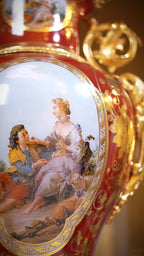 FH&HOME Imperial Red Baroque Vase - Copper-Mounted Porcelain with Gilded Accents