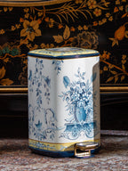 FH&HOME Elegant Blue & White Floral Painted Trash Bin - Foot Pedal