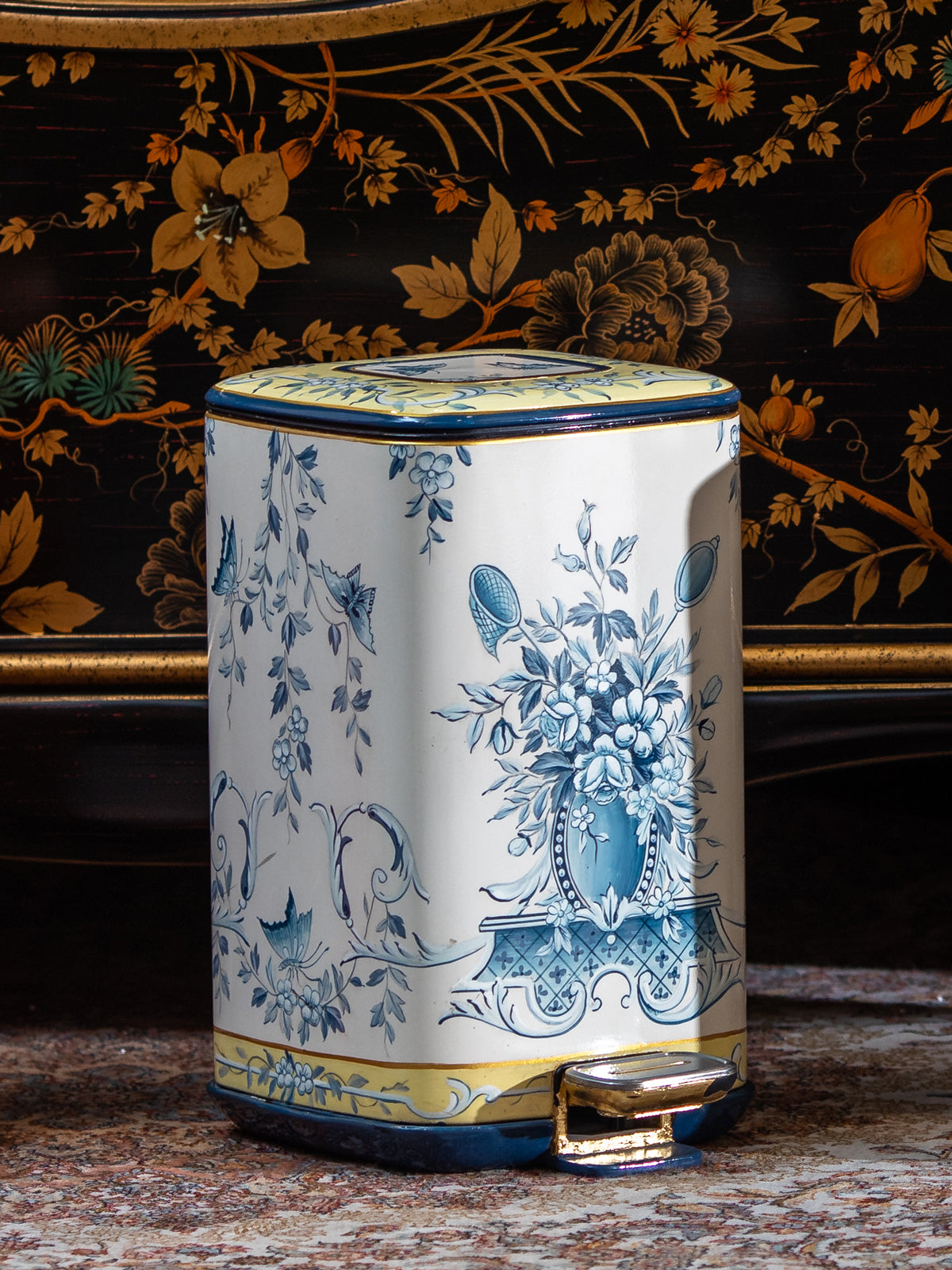 FH&HOME Elegant Blue & White Floral Painted Trash Bin - Foot Pedal