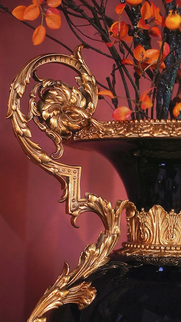 FH&HOME Regal Cobalt Blue Double-Handled Vase - Gilt Brass Accents