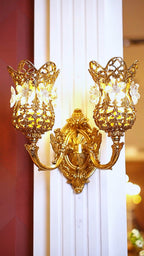 FH&HOME Rococo Crystal Flower Sconce - Brass with Floral Motifs