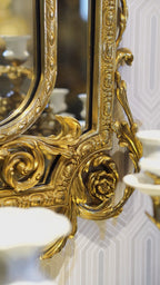 FH&HOME Rococo Brass Floral Porcelain Inset Wall Mirror - Ornate Scroll Frame Accent