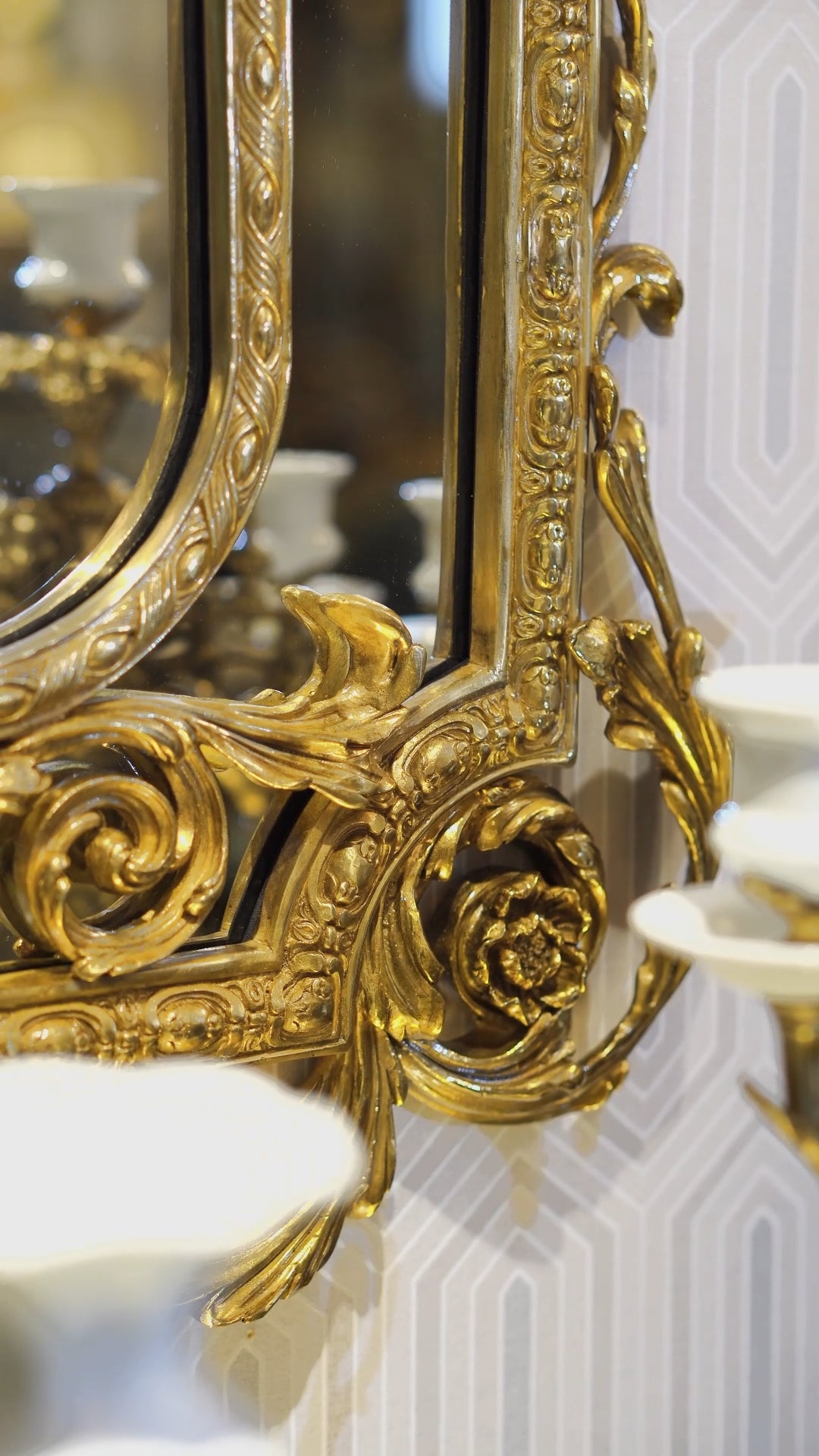FH&HOME Rococo Brass Floral Porcelain Inset Wall Mirror - Ornate Scroll Frame Accent