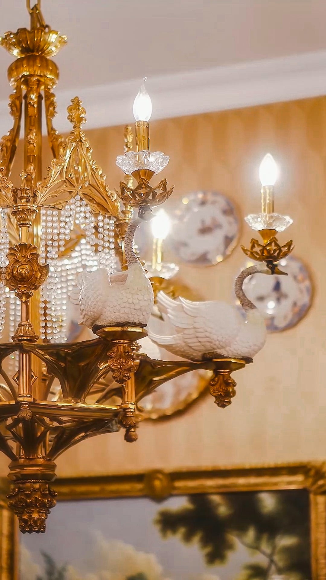 FH&HOME Porcelain Swan Chandelier - Delicate with Crystal and Brass