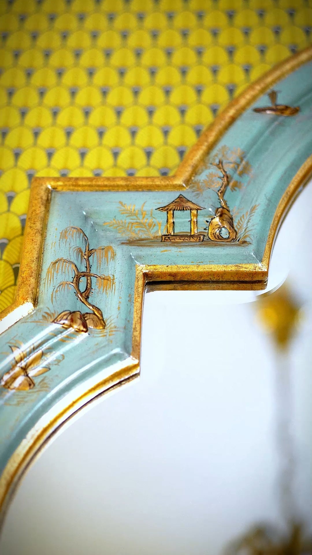 FH&HOME  Turquoise Scenic Motif Curved Wall Mirror - Gilded Trim Accent