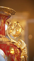 FH&HOME Imperial Red Baroque Vase - Copper-Mounted Porcelain with Gilded Accents