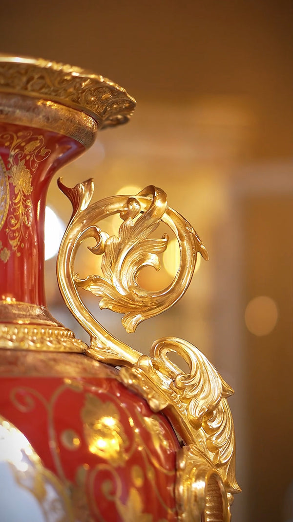FH&HOME Imperial Red Baroque Vase - Copper-Mounted Porcelain with Gilded Accents