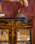FH&HOME Black Crackle Display Cabinet - Chinoiserie Gilded Landscape Curved Glass