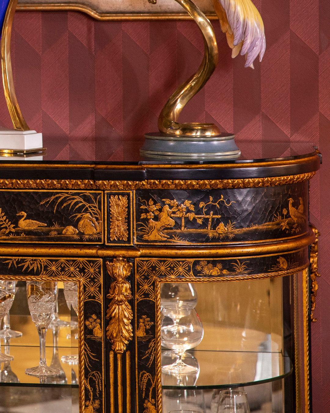 FH&HOME Black Crackle Display Cabinet - Chinoiserie Gilded Landscape Curved Glass