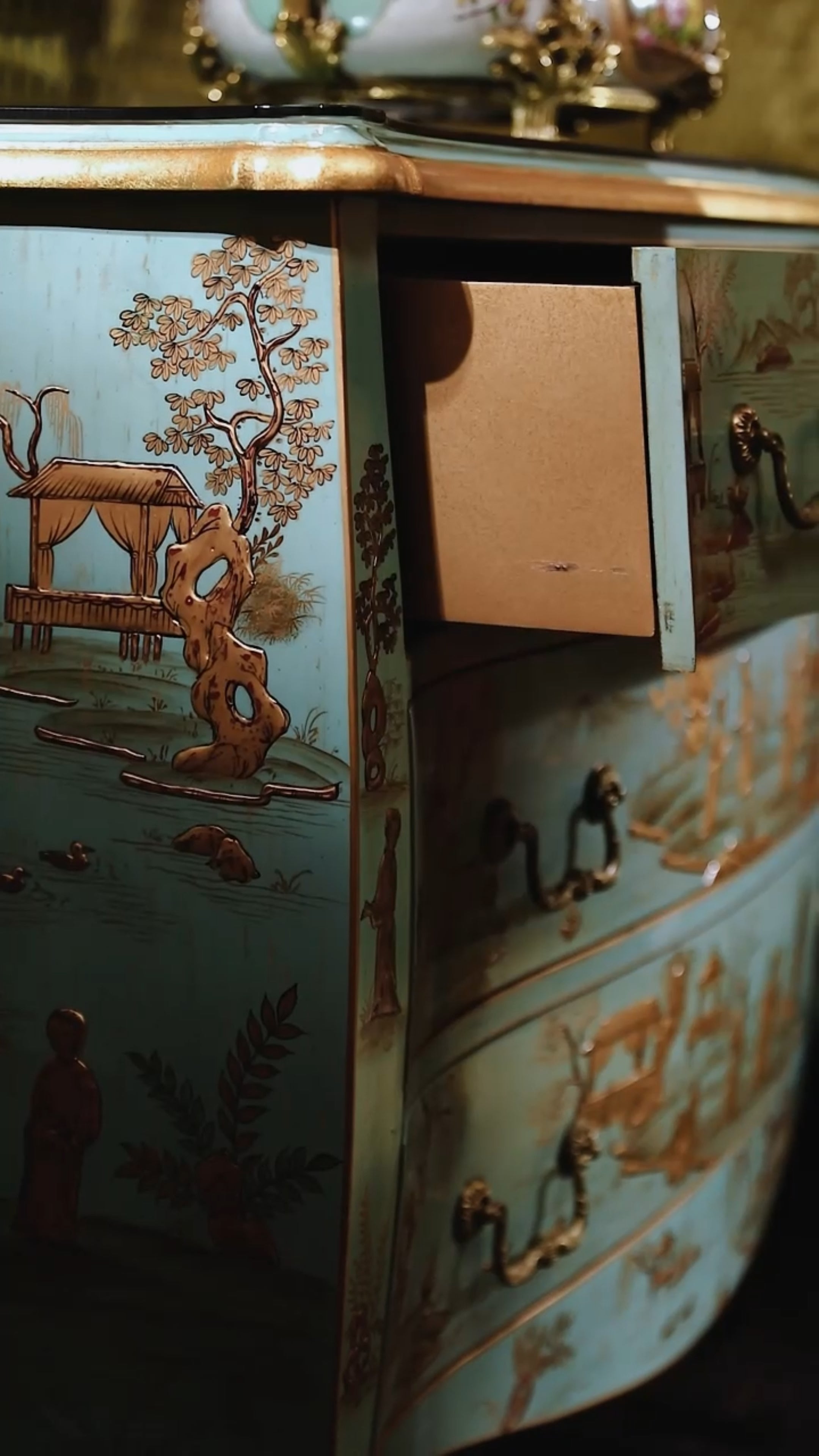 FH&HOME Marlene Series Gold Painted Chinoiserie Console Cabinet