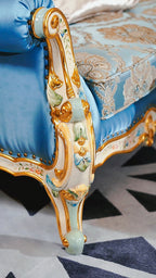 FH&HOME Floral Corolla Blue Sofa - Carved Mahogany Silky