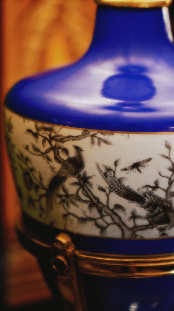 FH&HOME Chinoiserie Blue Porcelain Lamp - Ink Wash Bird Motif