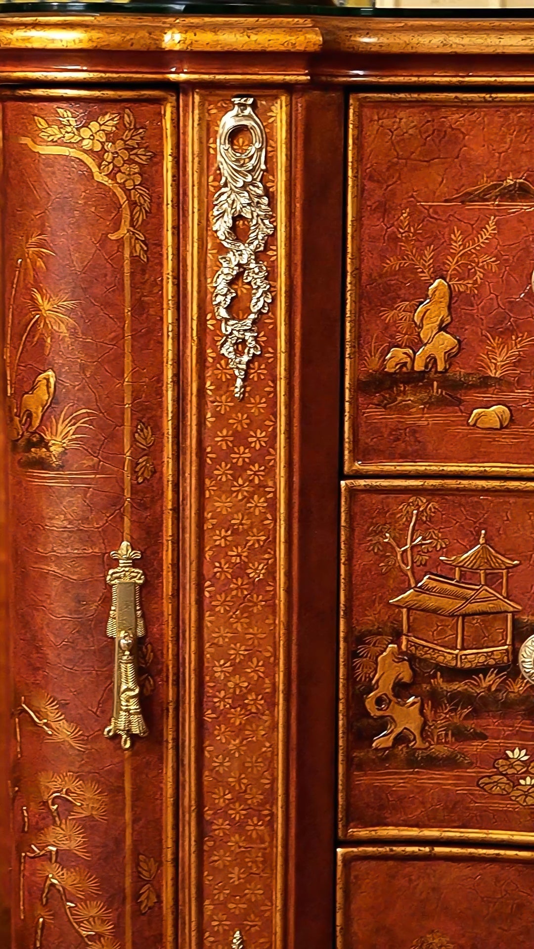 FH&HOME Coral Red Landscape Cabinet - Crackle Finish Hand-Painted