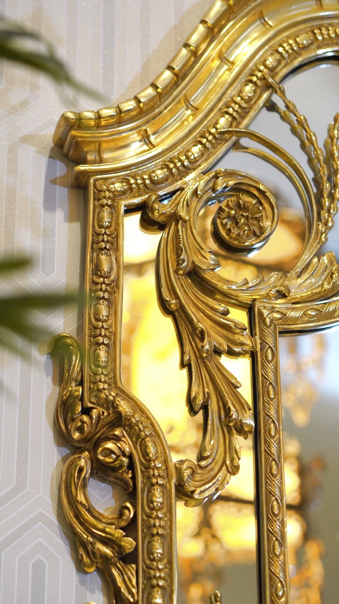 FH&HOME Rococo Brass Floral Porcelain Inset Wall Mirror - Ornate Scroll Frame Accent