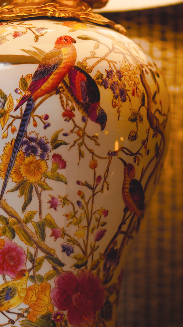 FH&HOME Spring Porcelain Lamp - Chinoiserie Avian with Gold Accents