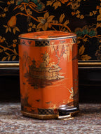 FH&HOME Chinoiserie Coral Red Landscape Painted Trash Bin - Foot Pedal