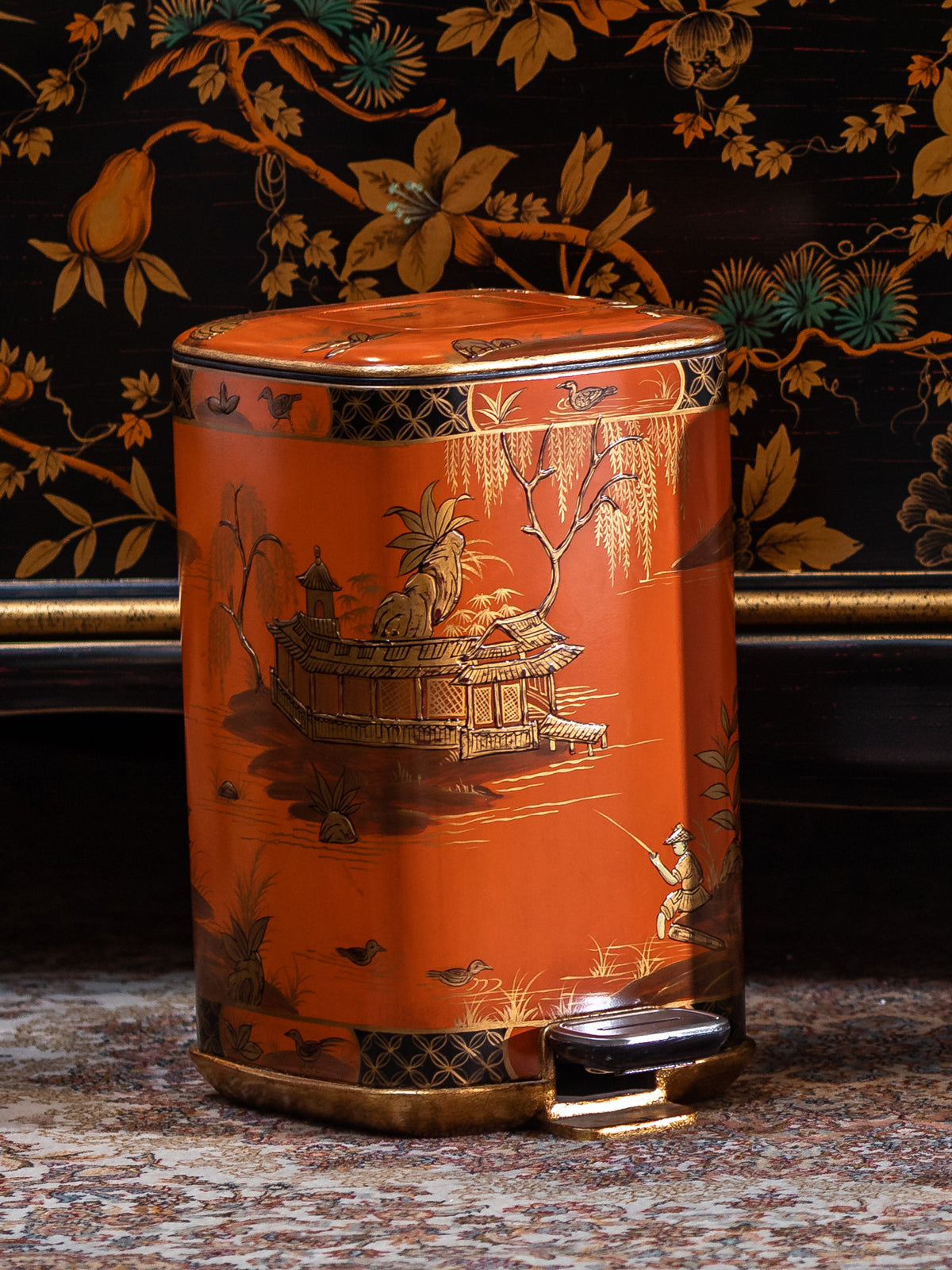 FH&HOME Chinoiserie Coral Red Landscape Painted Trash Bin - Foot Pedal