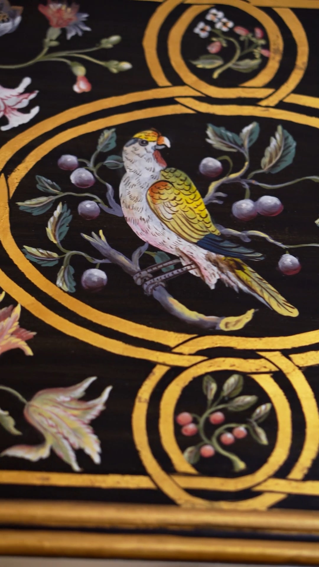 FH&HOME Black Gilded Bird & Floral Rectangular Wall Mirror
