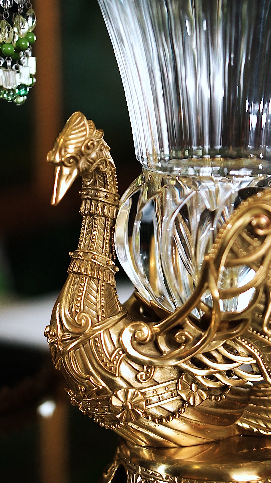 FH&HOME Sophisticated Brass Phoenix Fluted Crystal Glass Vase - Sculpted Base