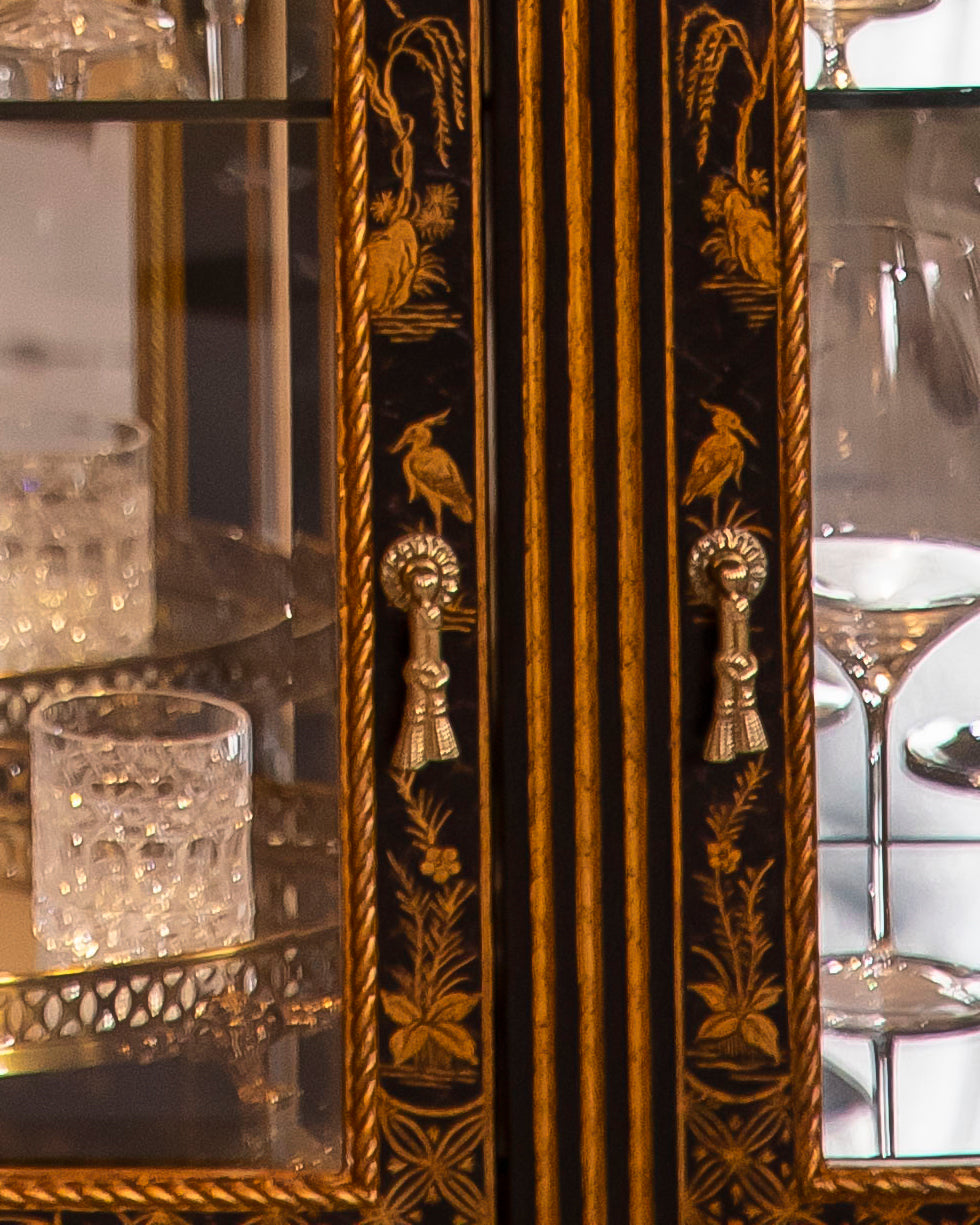 FH&HOME Black Crackle Display Cabinet - Chinoiserie Gilded Landscape Curved Glass
