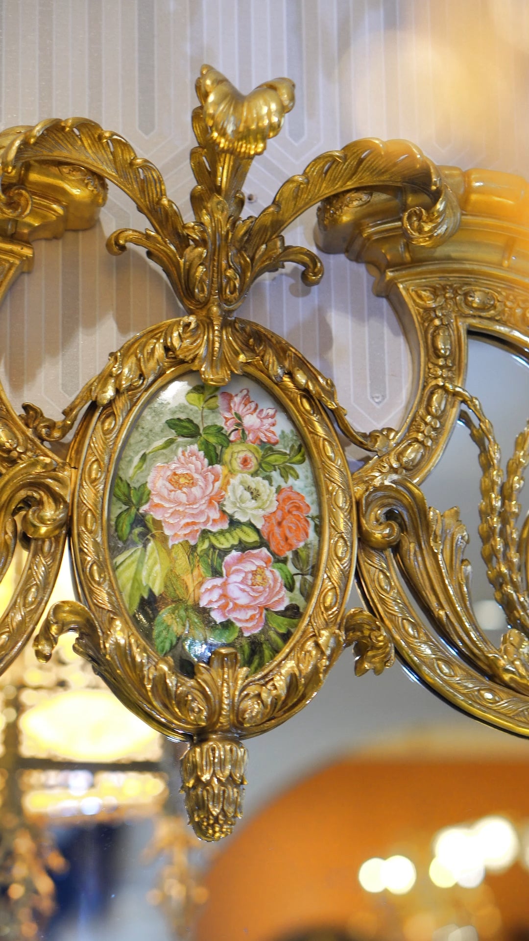 FH&HOME Rococo Brass Floral Porcelain Inset Wall Mirror - Ornate Scroll Frame Accent