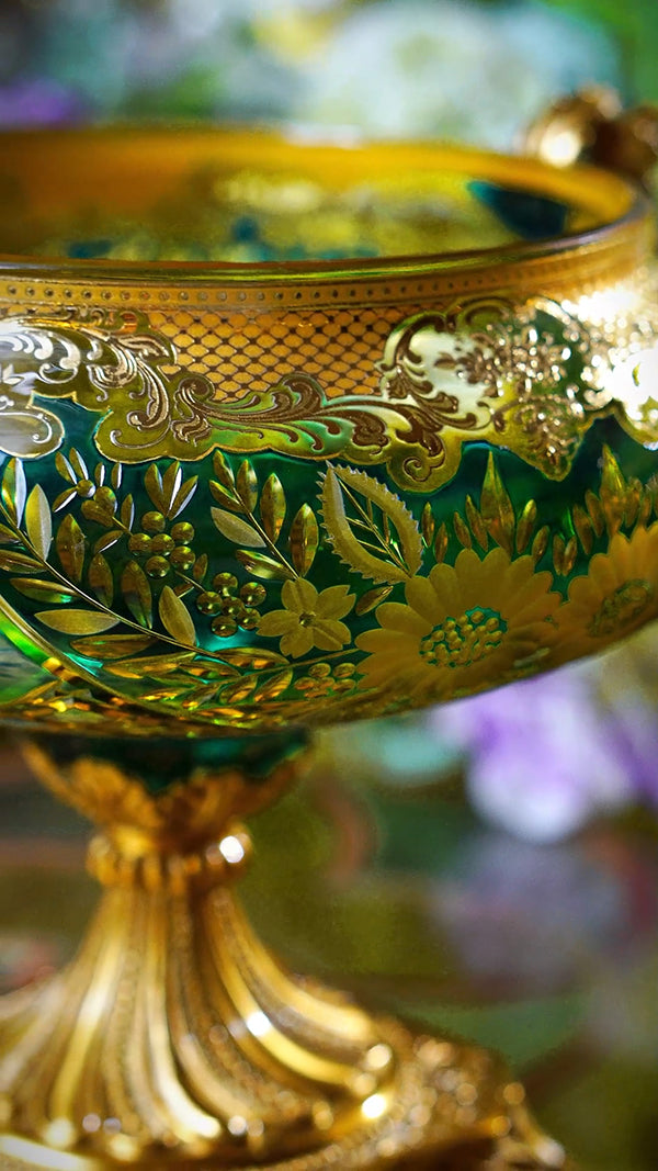 FH&HOME Aurora Glass Royal Etched Floral Tazzas - Navy Blue