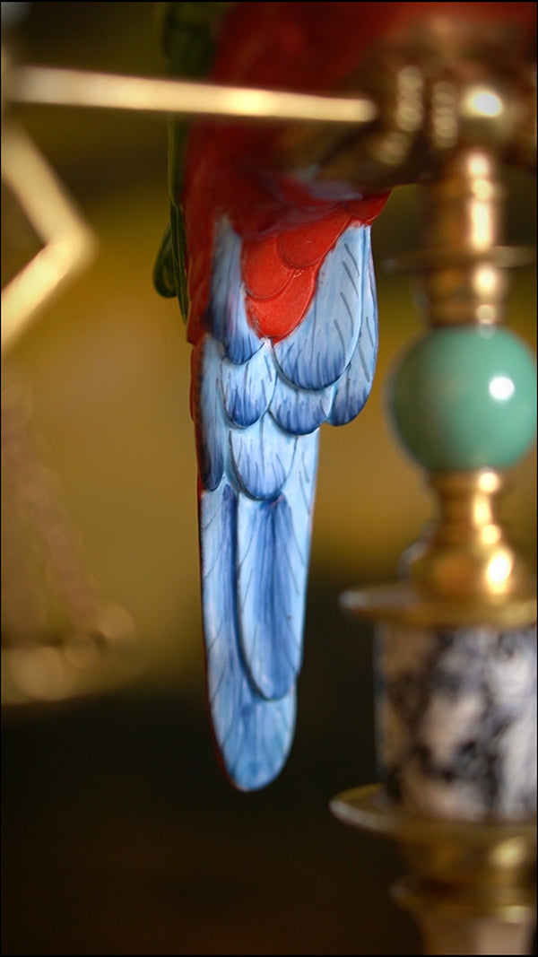 FH&HOME Art Deco Red Parrot Balance Double Candle Holder - Vintage Brass Frame