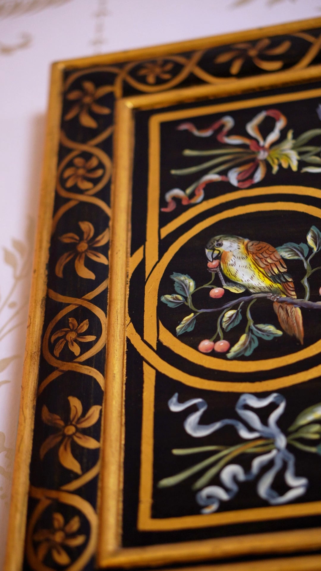 FH&HOME Black Gilded Bird & Floral Rectangular Wall Mirror