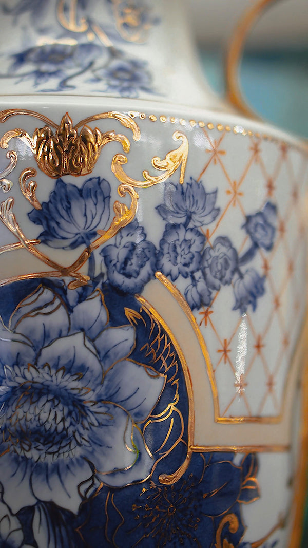 FH&HOME Blue & White Peony Lamp - Chinoiserie with Gilded Brass