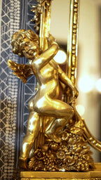 FH&HOME Rococo Gilded Cherub Sculpted Wall Mirror - Ornate Brass Frame Accent