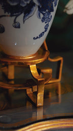FH&HOME Blue & White Peony Lamp - Chinoiserie with Gilded Brass