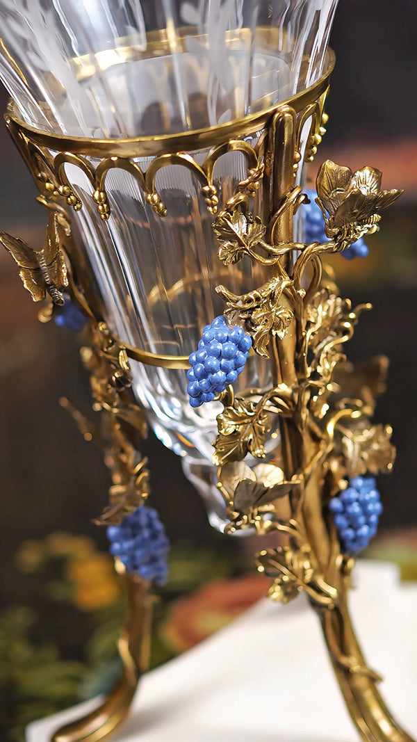 FH&HOME Prague Collection European Style Grape Vines Crystal Glass Vase - Brass & Porcelain Base