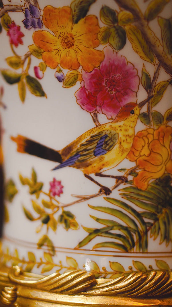 FH&HOME Spring Porcelain Lamp - Chinoiserie Avian with Gold Accents