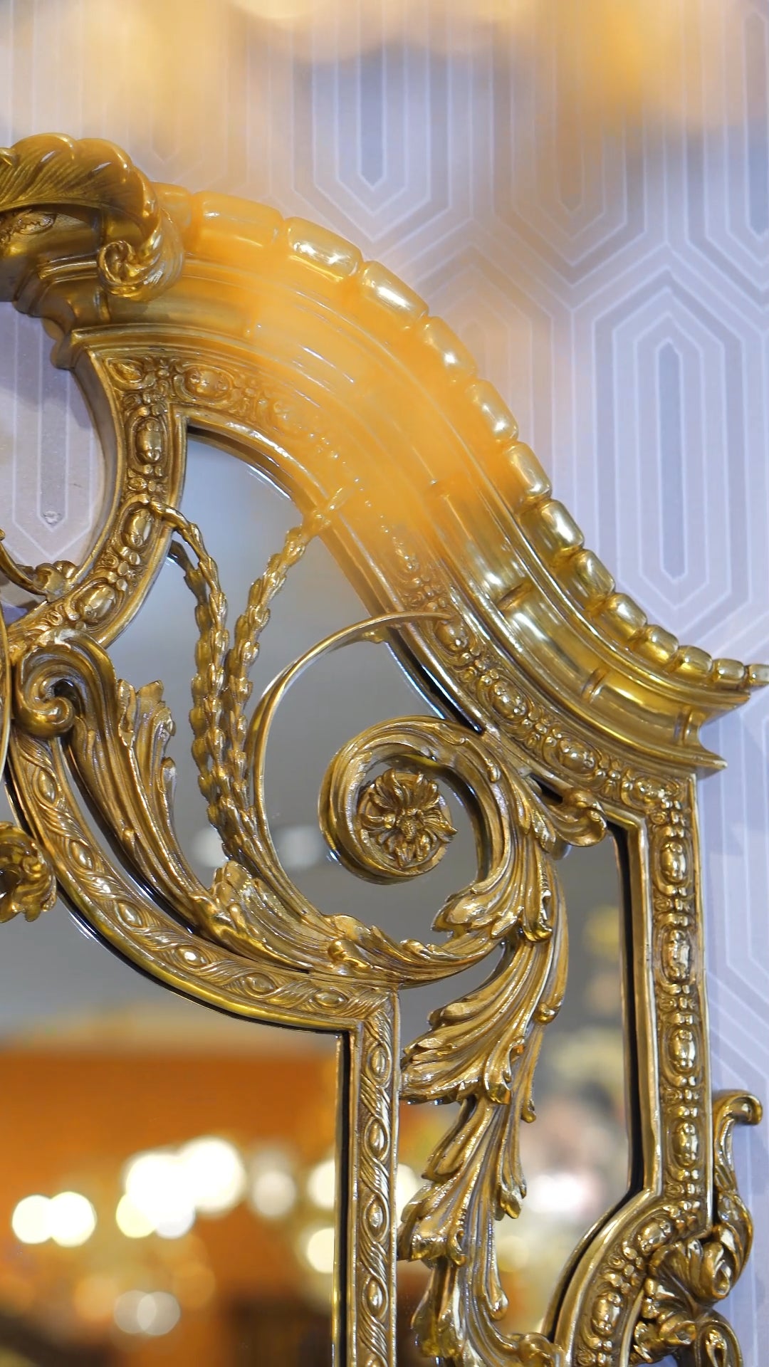 FH&HOME Rococo Brass Floral Porcelain Inset Wall Mirror - Ornate Scroll Frame Accent