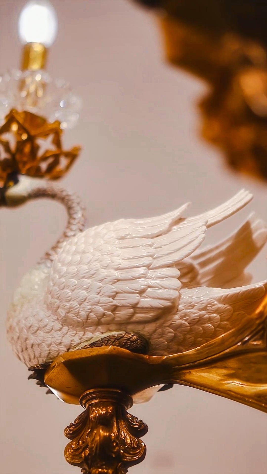 FH&HOME Porcelain Swan Chandelier - Delicate with Crystal and Brass