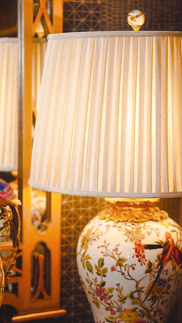 FH&HOME Spring Porcelain Lamp - Chinoiserie Avian with Gold Accents