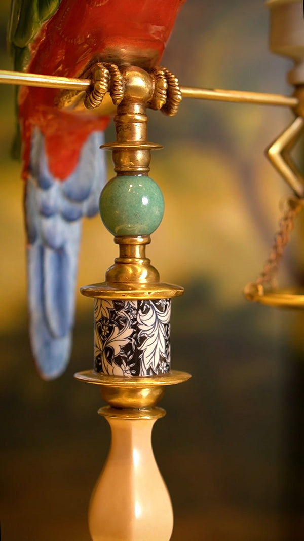 FH&HOME Art Deco Red Parrot Balance Double Candle Holder - Vintage Brass Frame