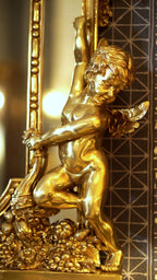 FH&HOME Rococo Gilded Cherub Sculpted Wall Mirror - Ornate Brass Frame Accent