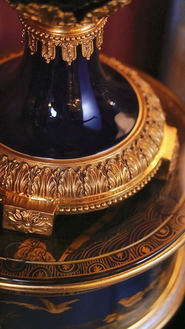 FH&HOME Regal Cobalt Blue Double-Handled Vase - Gilt Brass Accents