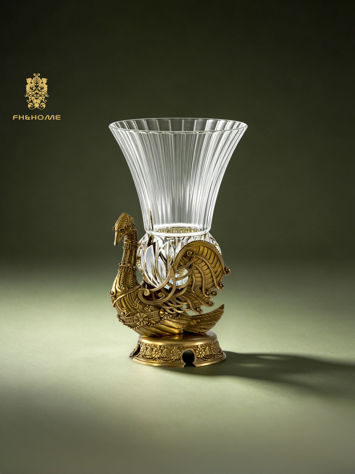 FH&HOME Sophisticated Brass Phoenix Fluted Crystal Glass Vase - Sculpted Base