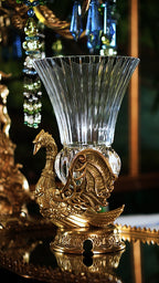 FH&HOME Sophisticated Brass Phoenix Fluted Crystal Glass Vase - Sculpted Base