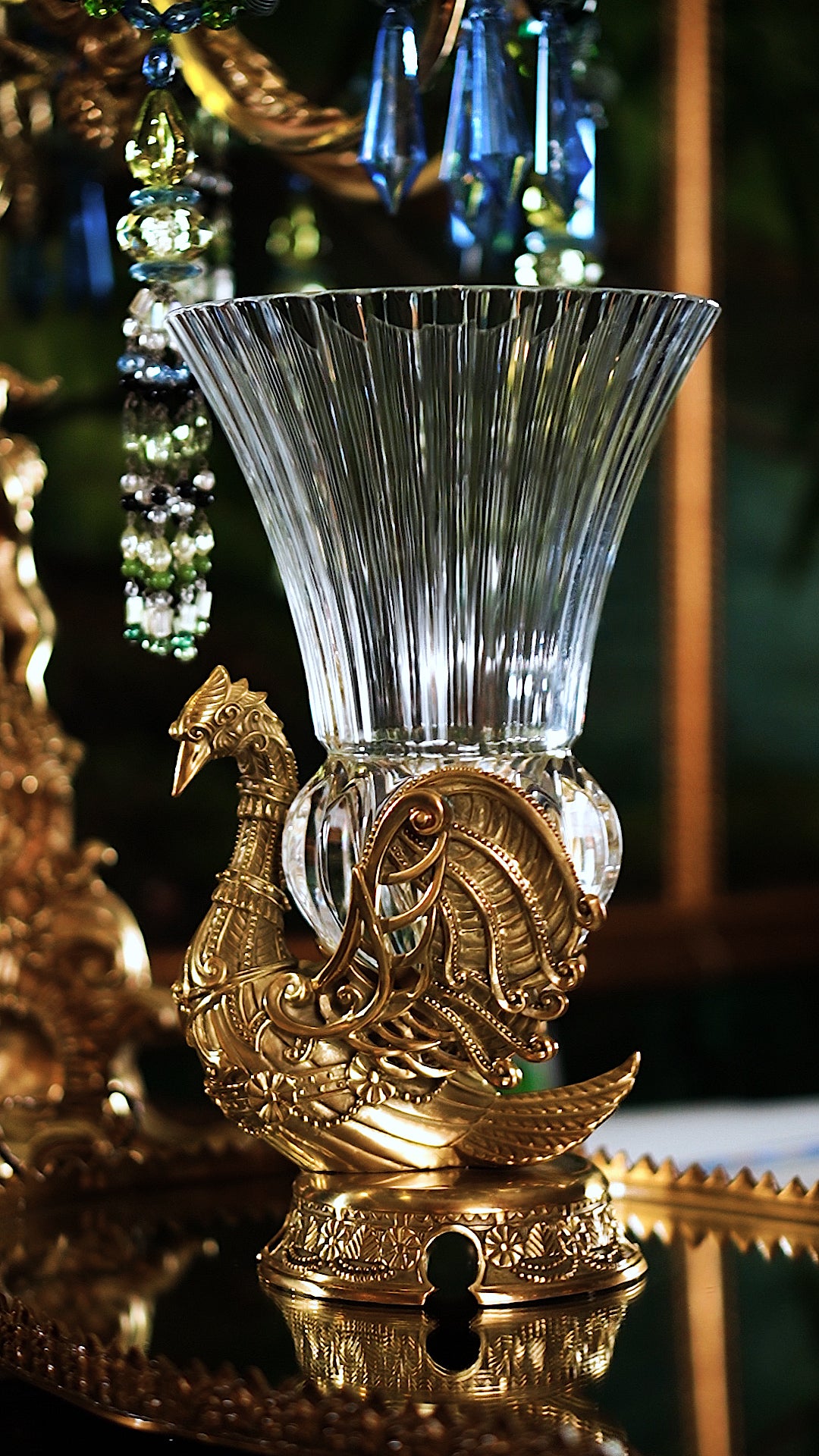 FH&HOME Sophisticated Brass Phoenix Fluted Crystal Glass Vase - Sculpted Base