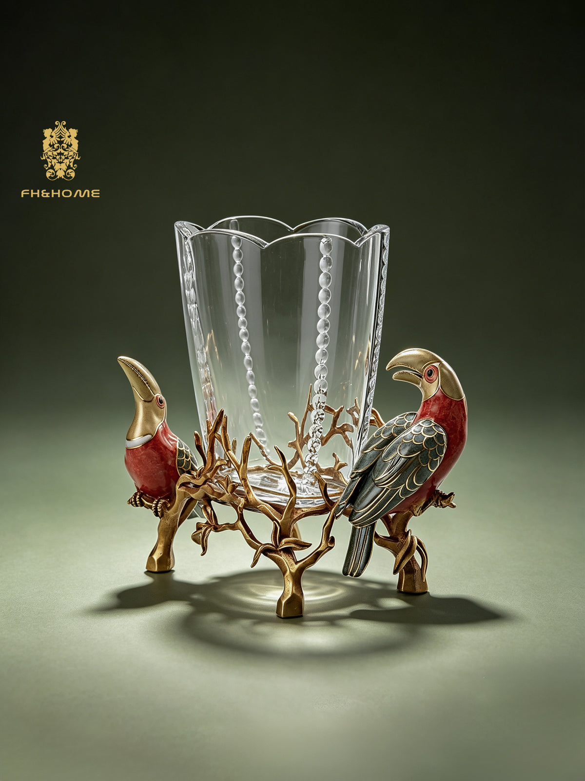 FH&HOME Prague Collection Toucan Crystal Glass Fruit Bowl & Vase - Brass Branch Supports