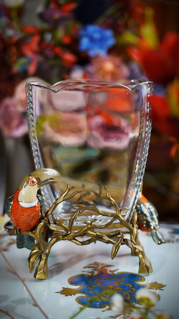FH&HOME Prague Collection Toucan Crystal Glass Fruit Bowl & Vase - Brass Branch Supports