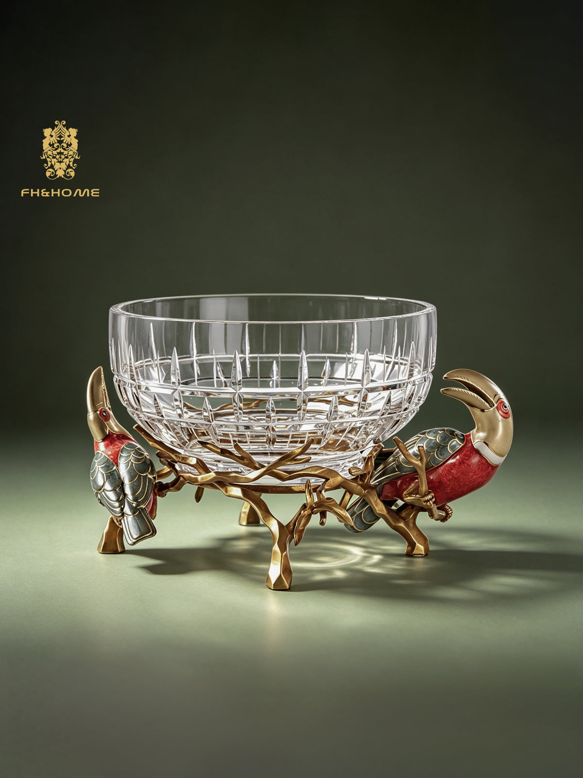 FH&HOME Prague Collection Toucan Crystal Glass Fruit Bowl & Vase - Brass Branch Supports