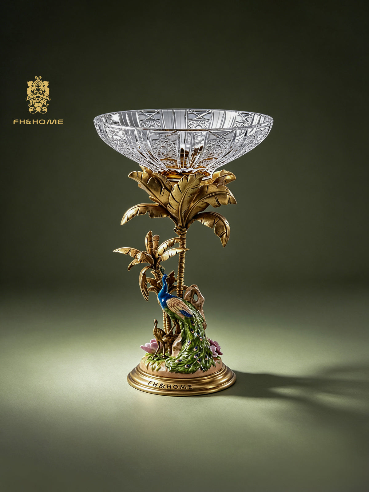 FH&HOME Tropical-Themed Peacock Palm Crystal Fruit Bowl - Gilded Base